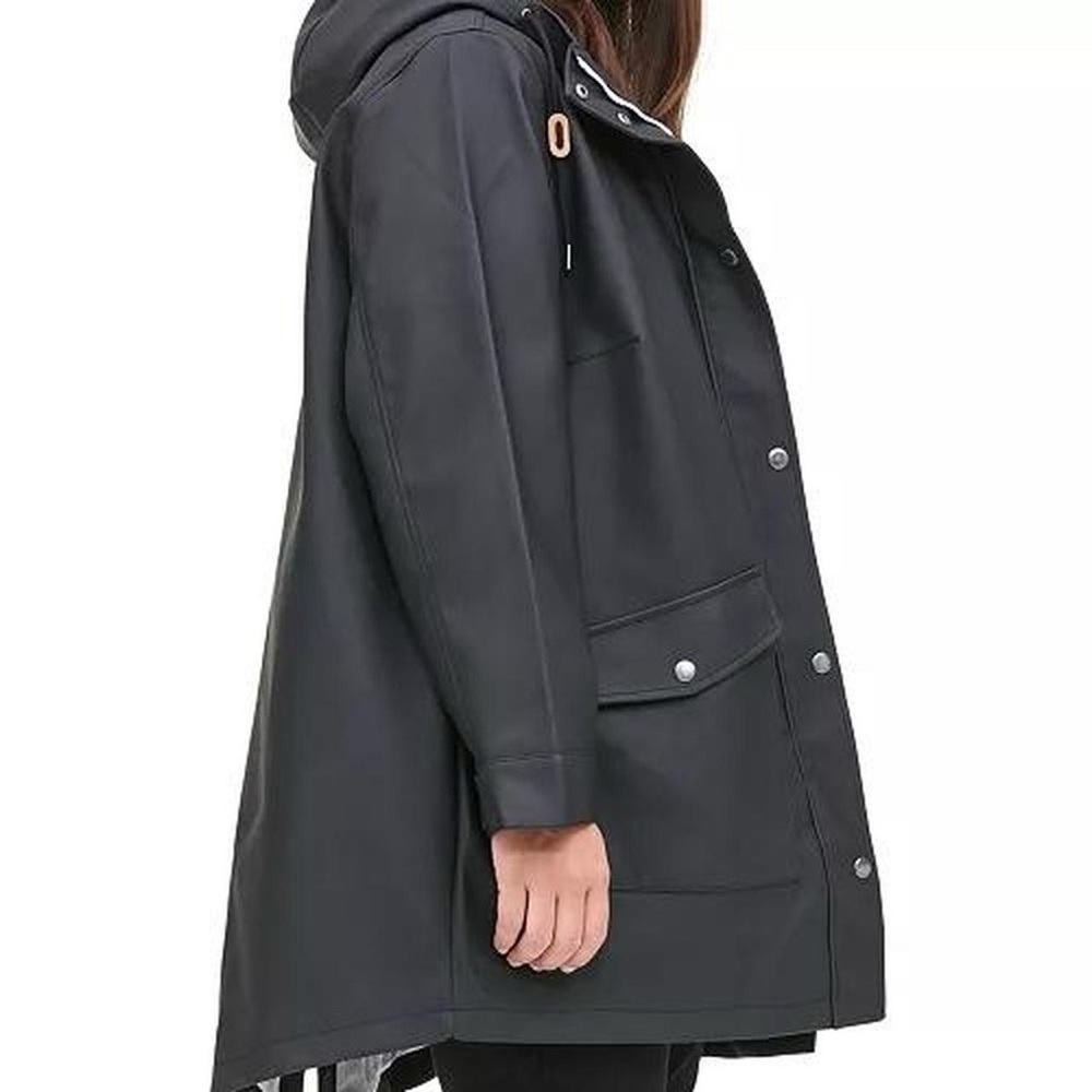 Levi's Rubberized Water Resistant Black Faux Leather Parka Rain Jacket - Picture 2 of 8